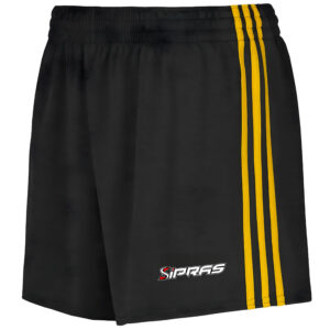 Premium custom GAA Gaelic shorts featuring breathable lightweight fabric, custom club crest, sponsor logos, player numbers, and sublimated team colours for Gaelic Football, Hurling, Camogie, and Ladies Gaelic Football teams.