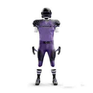 Custom American Football Uniform featuring a sublimated football jersey and pants with custom team colours, logos, player names, numbers, and sponsor branding for youth and adult football teams.