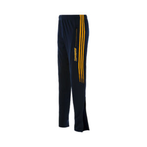 Custom GAA Tracksuit Trousers featuring lightweight breathable performance fabric, tapered athletic fit, zip pockets, club crest, sponsor logos, and custom branding for Gaelic Football, Hurling, Camogie & LGFA teams.