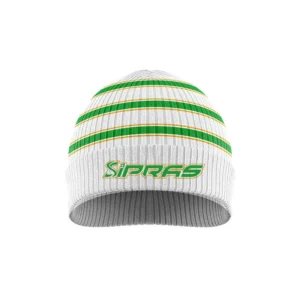 Premium custom GAA beanie hat with embroidered club crest, custom team colours, soft knit fabric, and warm winter design for Gaelic Football, Hurling, Camogie, and LGFA
