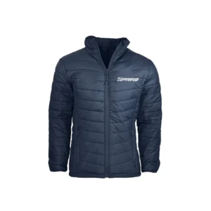 Premium custom GAA puffer jacket featuring high-loft thermal insulation, weather-resistant outer shell, embroidered club crest, sponsor logos, county colours, player name personalization, and elite Gaelic Games winter teamwear for Gaelic Football, Hurling, Camogie, and LGFA teams.