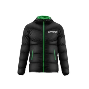 Premium custom GAA puffer jacket featuring advanced thermal insulation, weather-resistant outer shell, embroidered club crest, sponsor logos, county team colours, and professional Gaelic Games winter outerwear for Gaelic Football, Hurling, Camogie, and LGFA teams.