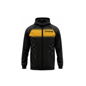 Custom GAA windbreaker jacket featuring lightweight windproof performance fabric, embroidered club crest, sponsor logos, county colours, player name customization, and professional Gaelic Games outerwear for Gaelic Football, Hurling, Camogie, and LGFA teams.