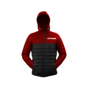 Premium custom GAA puffer jacket featuring insulated quilted padding, weather-resistant outer shell, embroidered club crest, sponsor logos, county colours, and professional Gaelic Games winter teamwear for Gaelic Football, Hurling, Camogie, and LGFA clubs.