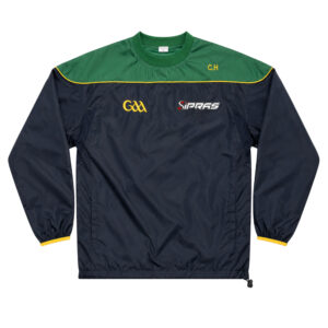 Custom GAA Warm-Up Jackets featuring premium performance fabric, embroidered club crest, sponsor logos, county branding, player name personalization, team colours, and professional Gaelic Games outerwear for Gaelic Football, Hurling, Camogie, and LGFA teams.