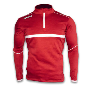 Premium custom GAA half zip performance top featuring lightweight moisture-wicking fabric, club crest branding, sponsor logos, player name customization, county colours, and sublimated team graphics for Gaelic Football, Hurling, Camogie, and LGFA teams.