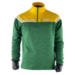 Custom GAA Half Zip Performance Top featuring premium moisture-wicking sports fabric, club crest branding, sponsor logos, player name customization, county team colours, and sublimated graphics for Gaelic Football, Hurling, Camogie, and LGFA teams.