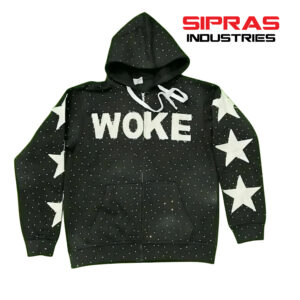 Custom distressed embroidered heavyweight hoodie with oversized vintage streetwear styling by SIPRAS Industries.